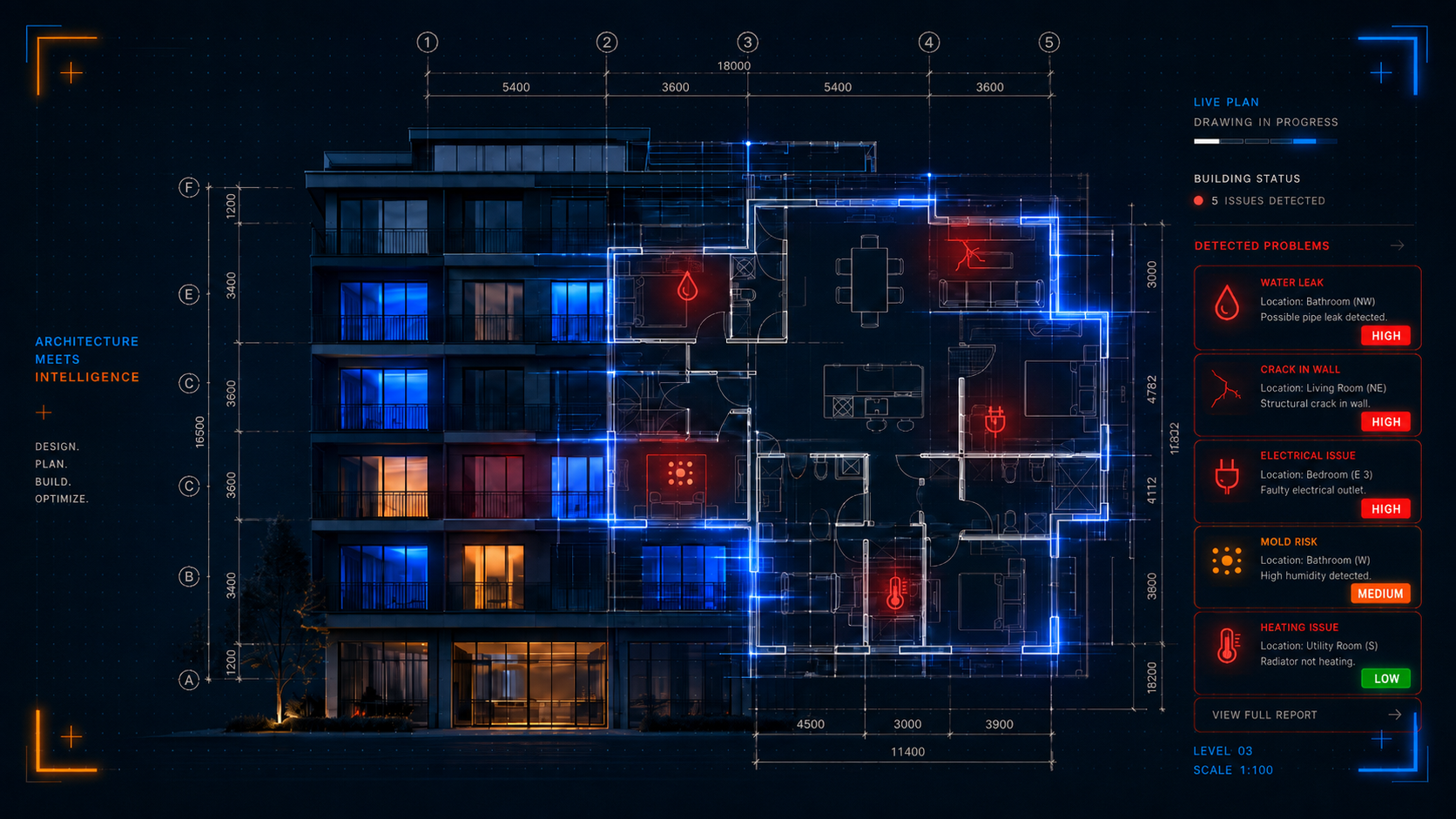 Building facade with floor plan